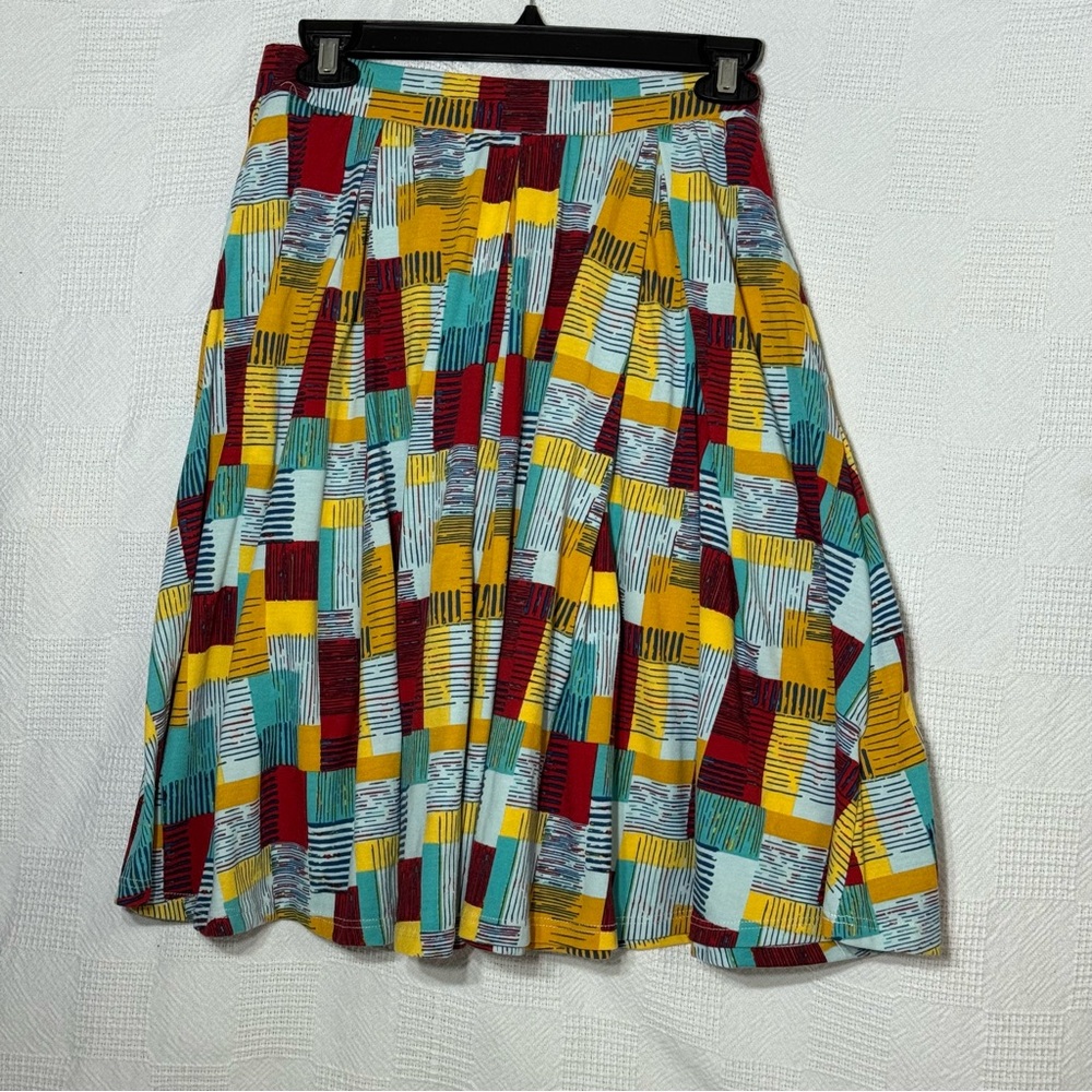 LuLaRoe Madison Pleated Blue and Gold Midi‎ A-Line Flare Skirt
